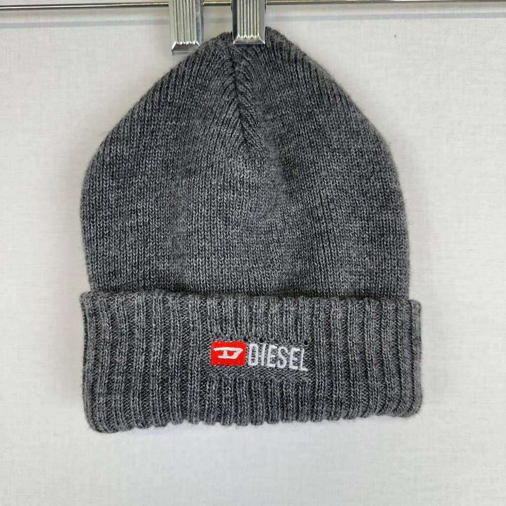 Diesel Knit Beanie Hat Gray Logo Wool Blend Men's One Size